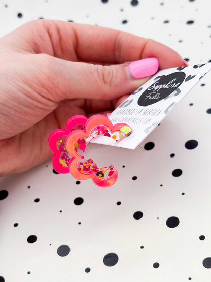 Large Iridescent Hot Pink Sequin Stripe Flower Acrylic Hoops – Hypoallergenic Stainless Steel