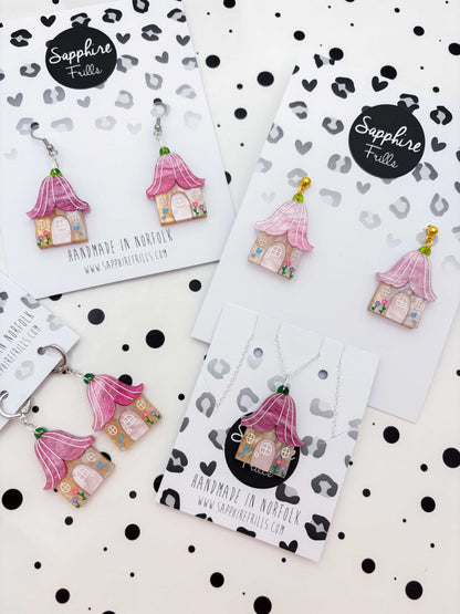 Large Pink Glitter Marble Flower Fairy House Dangle Earrings or Necklace – Hypoallergenic Stainless Steel
