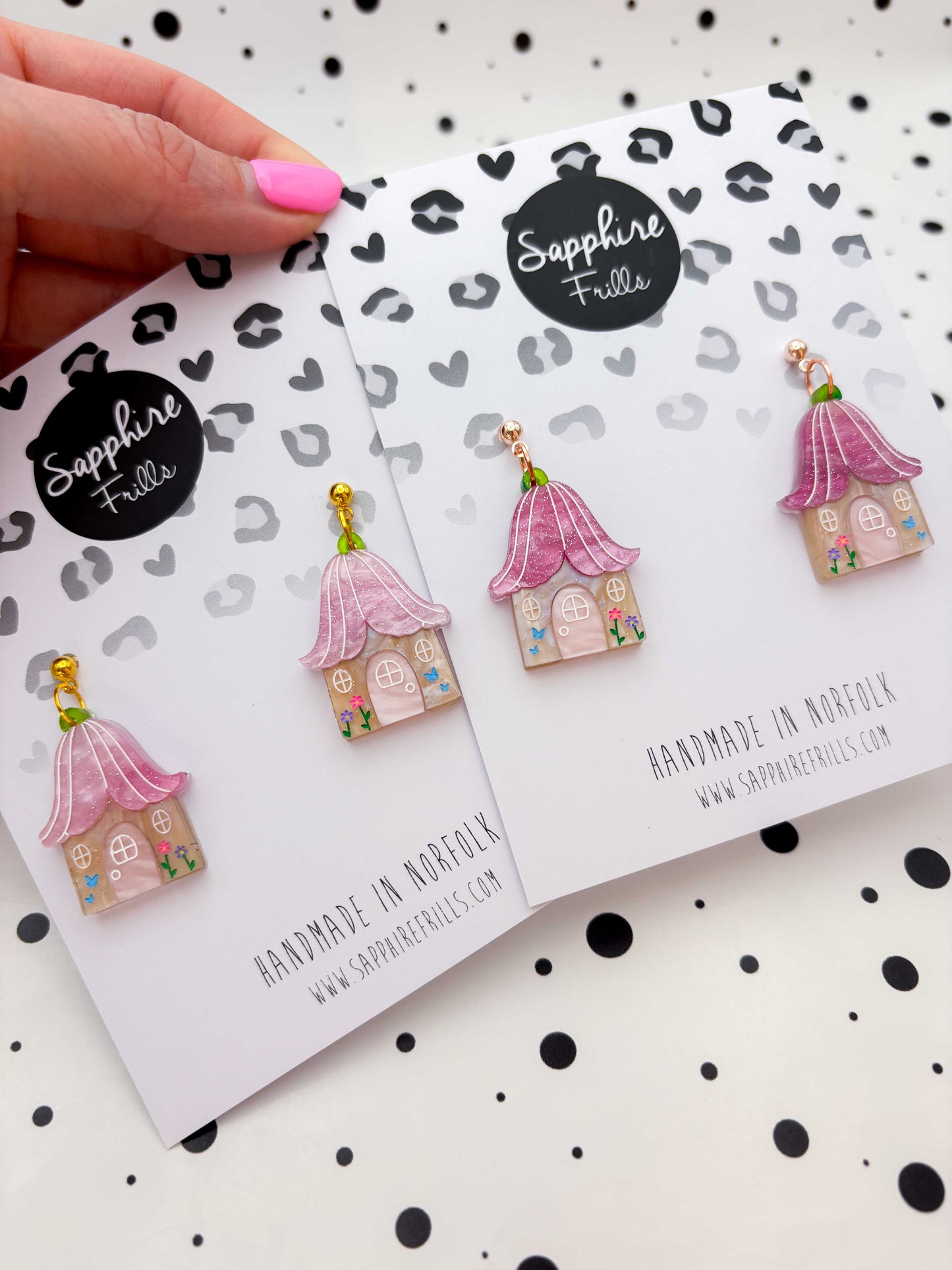 Large Pink Glitter Marble Flower Fairy House Dangle Earrings or Necklace – Hypoallergenic Stainless Steel