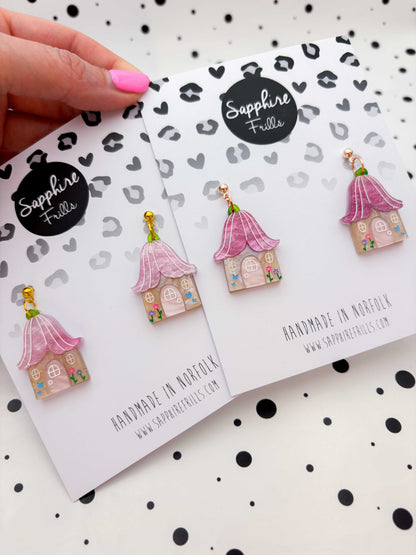 Large Pink Glitter Marble Flower Fairy House Dangle Earrings or Necklace – Hypoallergenic Stainless Steel
