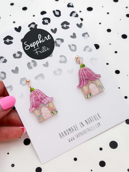 Large Pink Glitter Marble Flower Fairy House Dangle Earrings or Necklace – Hypoallergenic Stainless Steel