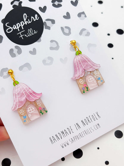 Large Pink Glitter Marble Flower Fairy House Dangle Earrings or Necklace – Hypoallergenic Stainless Steel