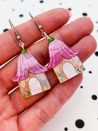 Large Pink Glitter Marble Flower Fairy House Dangle Earrings or Necklace – Hypoallergenic Stainless Steel