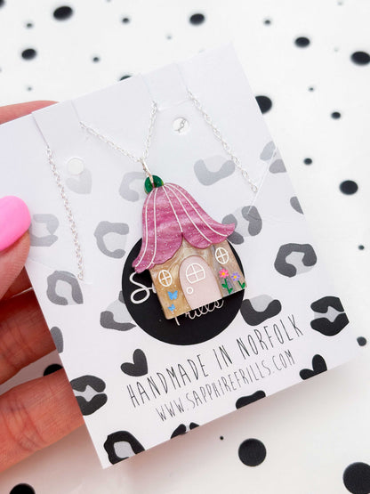 Large Pink Glitter Marble Flower Fairy House Dangle Earrings or Necklace – Hypoallergenic Stainless Steel