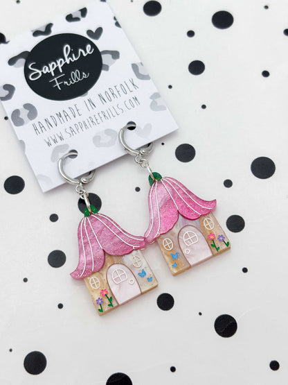 Large Pink Glitter Marble Flower Fairy House Dangle Earrings or Necklace – Hypoallergenic Stainless Steel