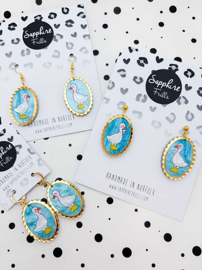 Large Blue Glitter Marble Duck With Wellies Scalloped Oval Dangle Earrings or Necklace – Hypoallergenic Stainless Steel