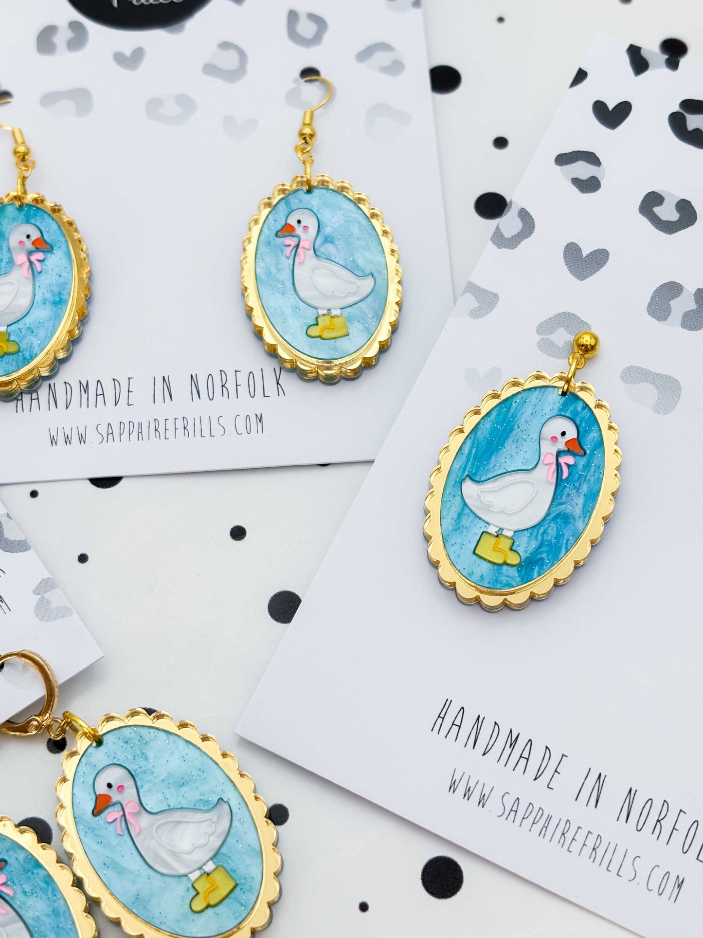 Large Blue Glitter Marble Duck With Wellies Scalloped Oval Dangle Earrings or Necklace – Hypoallergenic Stainless Steel