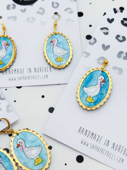 Large Blue Glitter Marble Duck With Wellies Scalloped Oval Dangle Earrings or Necklace – Hypoallergenic Stainless Steel