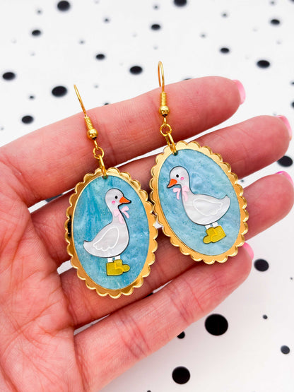 Large Blue Glitter Marble Duck With Wellies Scalloped Oval Dangle Earrings or Necklace – Hypoallergenic Stainless Steel