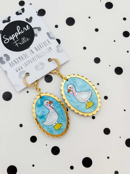 Large Blue Glitter Marble Duck With Wellies Scalloped Oval Dangle Earrings or Necklace – Hypoallergenic Stainless Steel