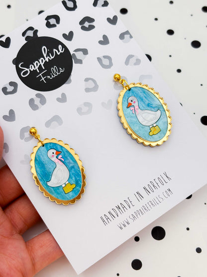 Large Blue Glitter Marble Duck With Wellies Scalloped Oval Dangle Earrings or Necklace – Hypoallergenic Stainless Steel