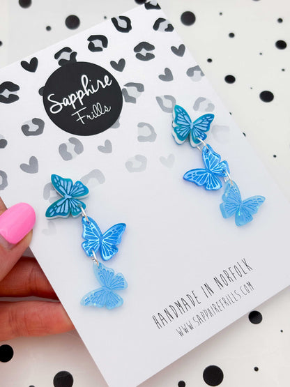 Turquoise Blue Trio of Butterflies Statement Dangle Earrings – Hypoallergenic Stainless Steel