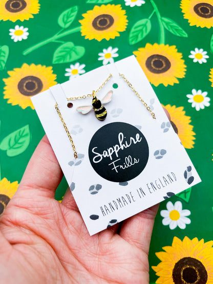 Small Gold Glitter and Iridescent Blue Acrylic Honey Bee Dangle Earrings or Necklace – Hypoallergenic Stainless Steel