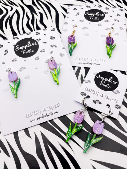 Lavender and Green Glitter Marble Acrylic Tulip Dangle Earrings or Necklace – Hypoallergenic Stainless Steel