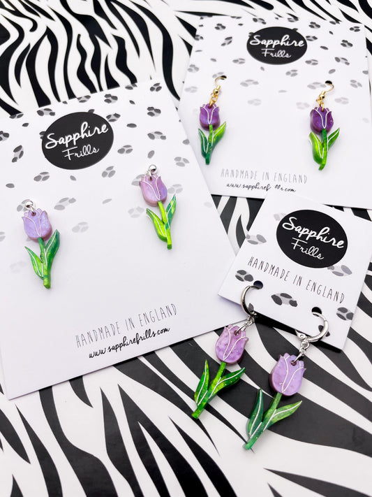 Lavender and Green Glitter Marble Acrylic Tulip Dangle Earrings or Necklace – Hypoallergenic Stainless Steel