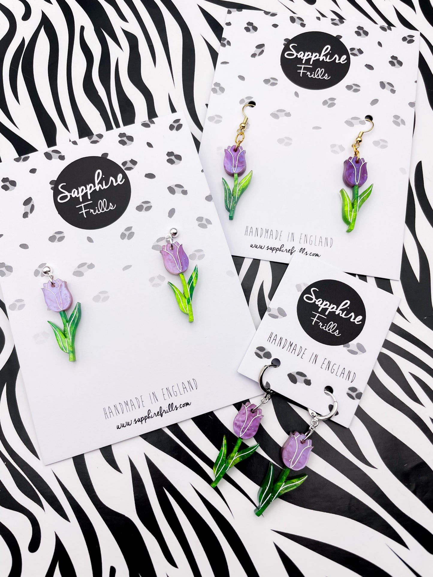 Large Lavender and Green Glitter Marble Acrylic Tulip Dangle Earrings