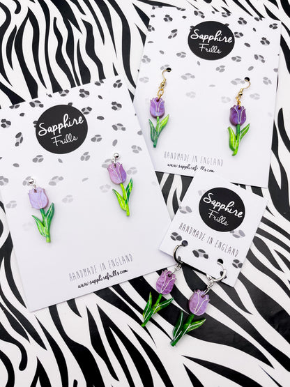 Lavender and Green Glitter Marble Acrylic Tulip Dangle Earrings or Necklace – Hypoallergenic Stainless Steel