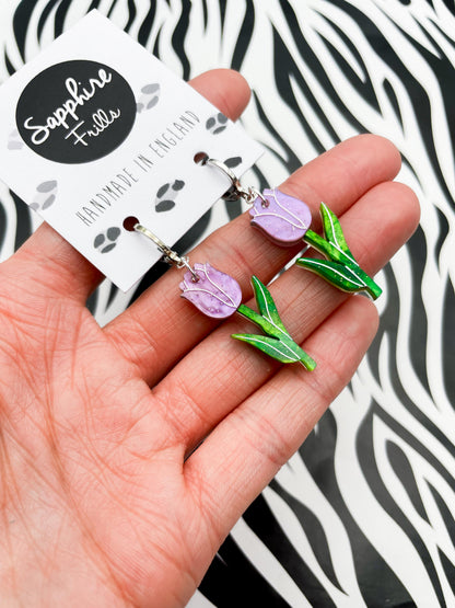 Lavender and Green Glitter Marble Acrylic Tulip Dangle Earrings or Necklace – Hypoallergenic Stainless Steel