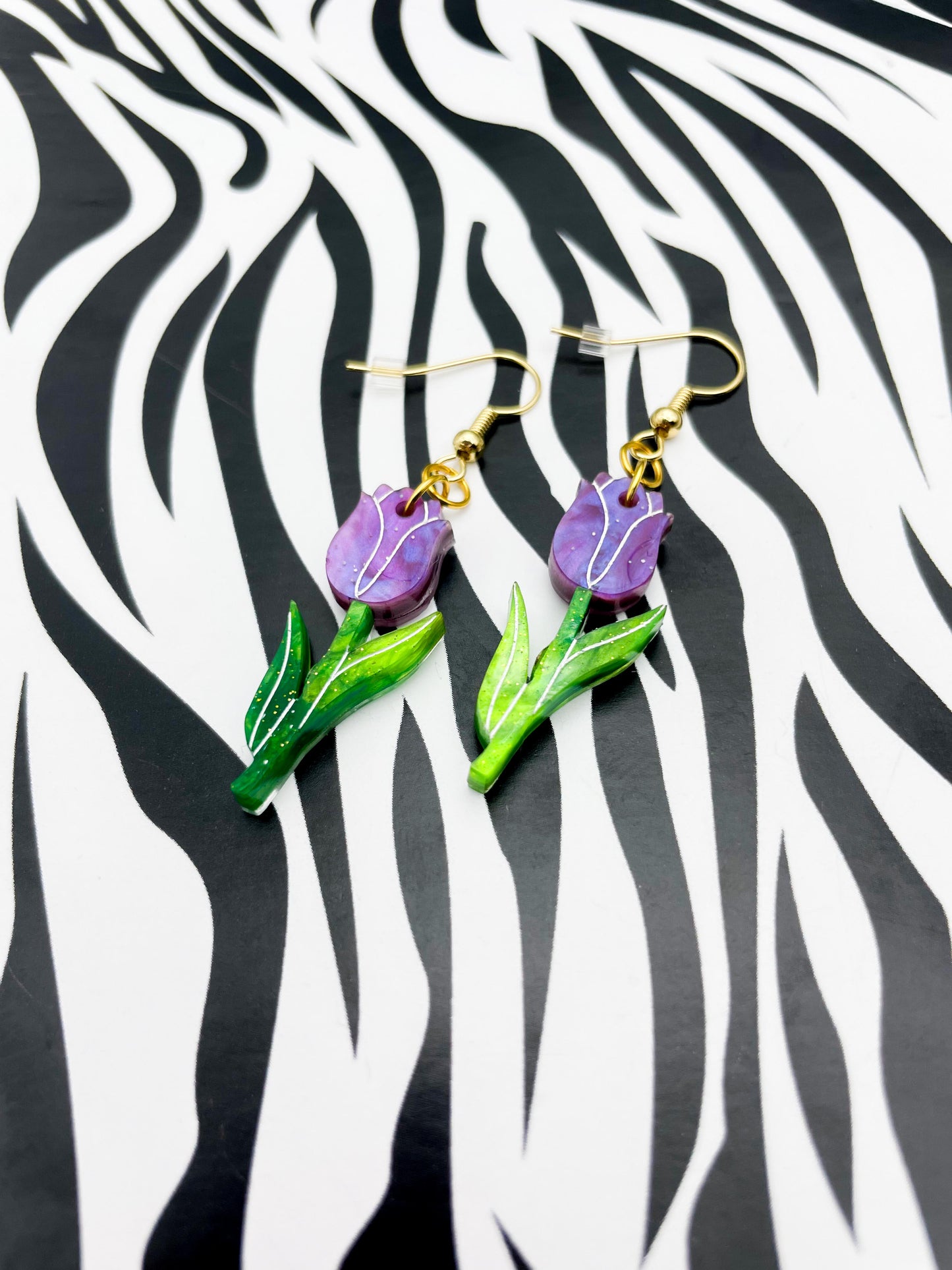 Large Lavender and Green Glitter Marble Acrylic Tulip Dangle Earrings