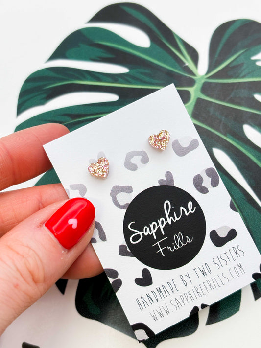 Micro Rose Gold Glitter Heart Acrylic Stud Earrings – Hypoallergenic Stainless Steel