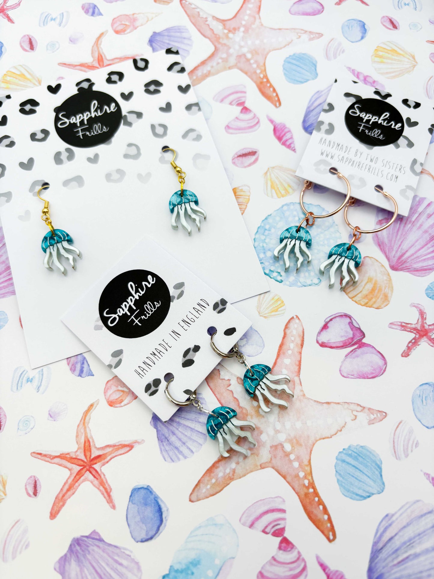 Small Cyan Marble Jellyfish Acrylic Dangle Earrings or Necklace – Hypoallergenic Stainless Steel