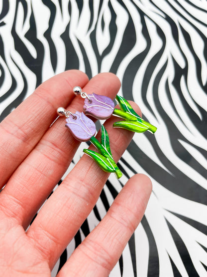 Lavender and Green Glitter Marble Acrylic Tulip Dangle Earrings or Necklace – Hypoallergenic Stainless Steel