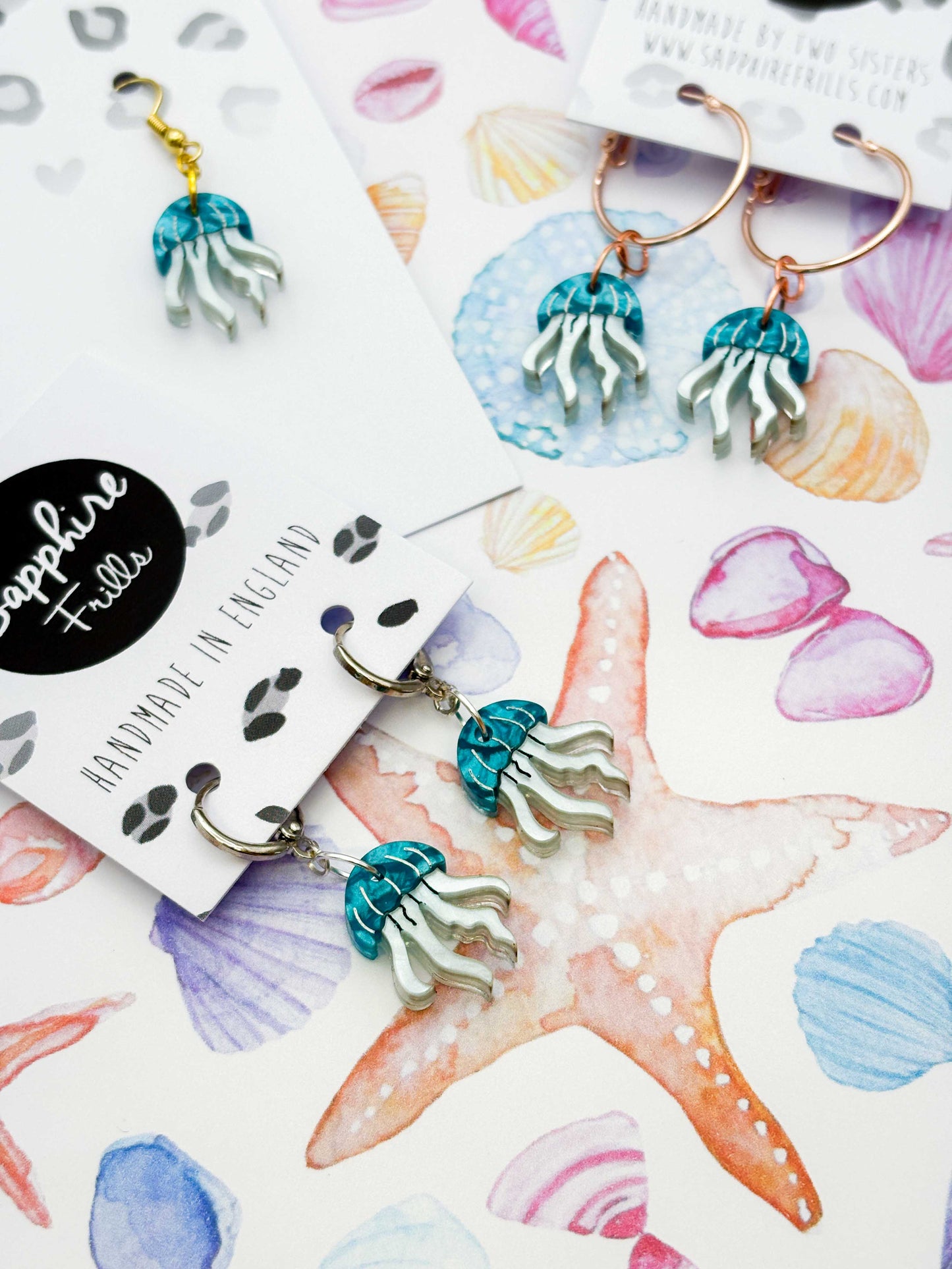 Small Cyan Marble Jellyfish Acrylic Dangle Earrings or Necklace – Hypoallergenic Stainless Steel