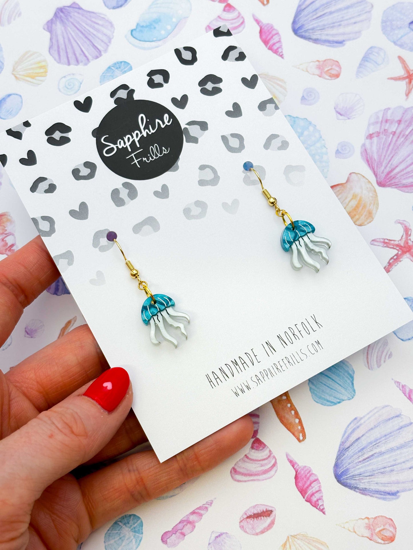Small Cyan Marble Jellyfish Acrylic Dangle Earrings or Necklace – Hypoallergenic Stainless Steel