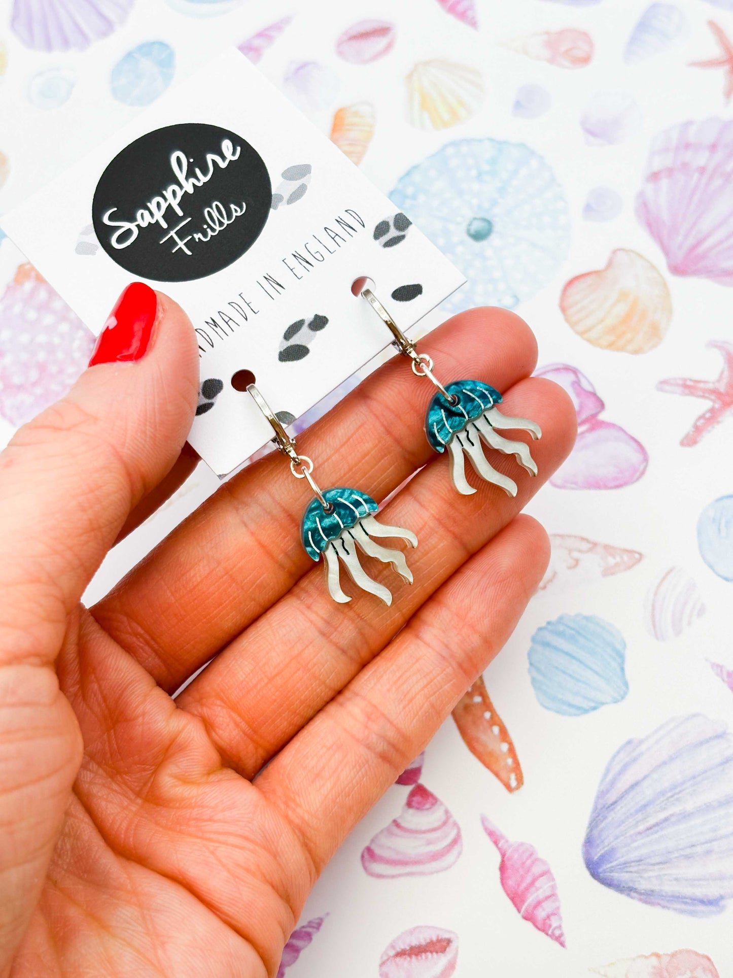 Small Cyan Marble Jellyfish Acrylic Dangle Earrings or Necklace – Hypoallergenic Stainless Steel