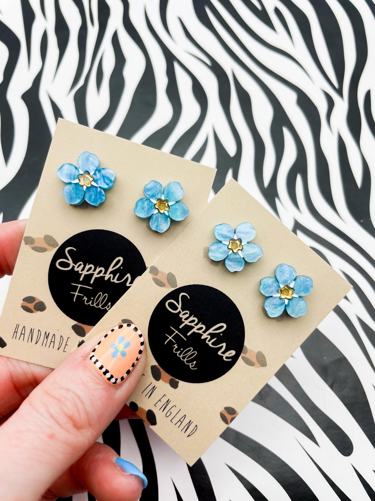 Small Sky Blue Glitter Marble 'Forget Me Not' Flower Stud Earrings
