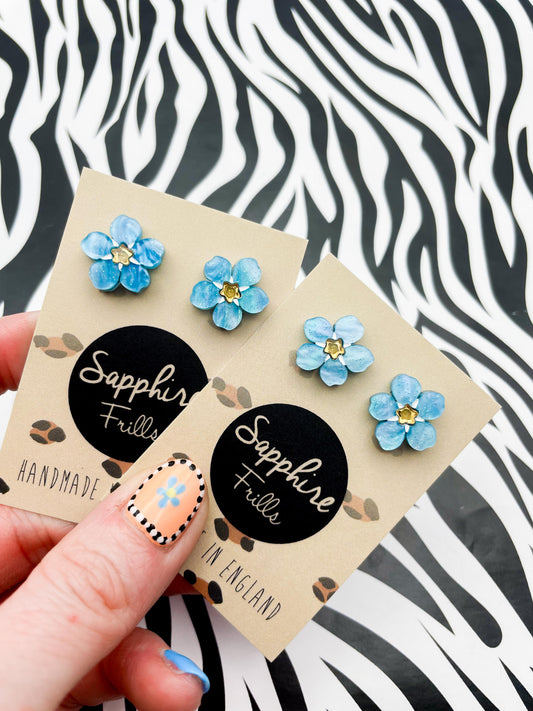 Small Sky Blue Glitter Marble Flower Stud Earrings – Forget Me Not – Hypoallergenic Stainless Steel