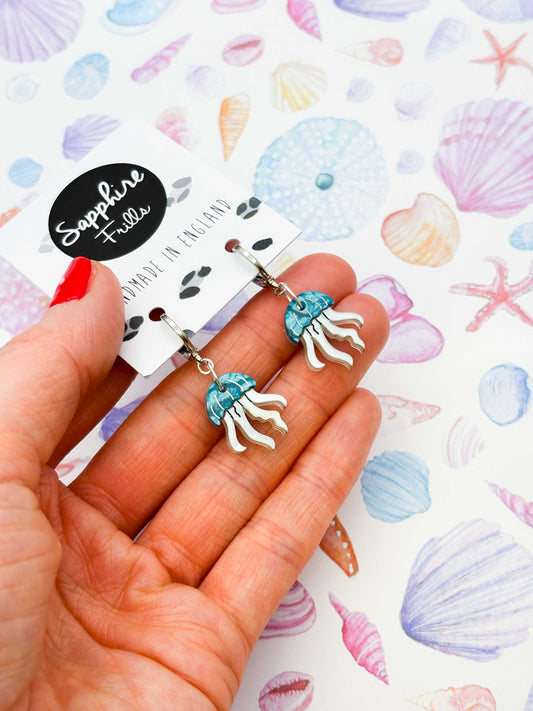 Small Cyan Marble Jellyfish Acrylic Dangle Earrings or Necklace – Hypoallergenic Stainless Steel