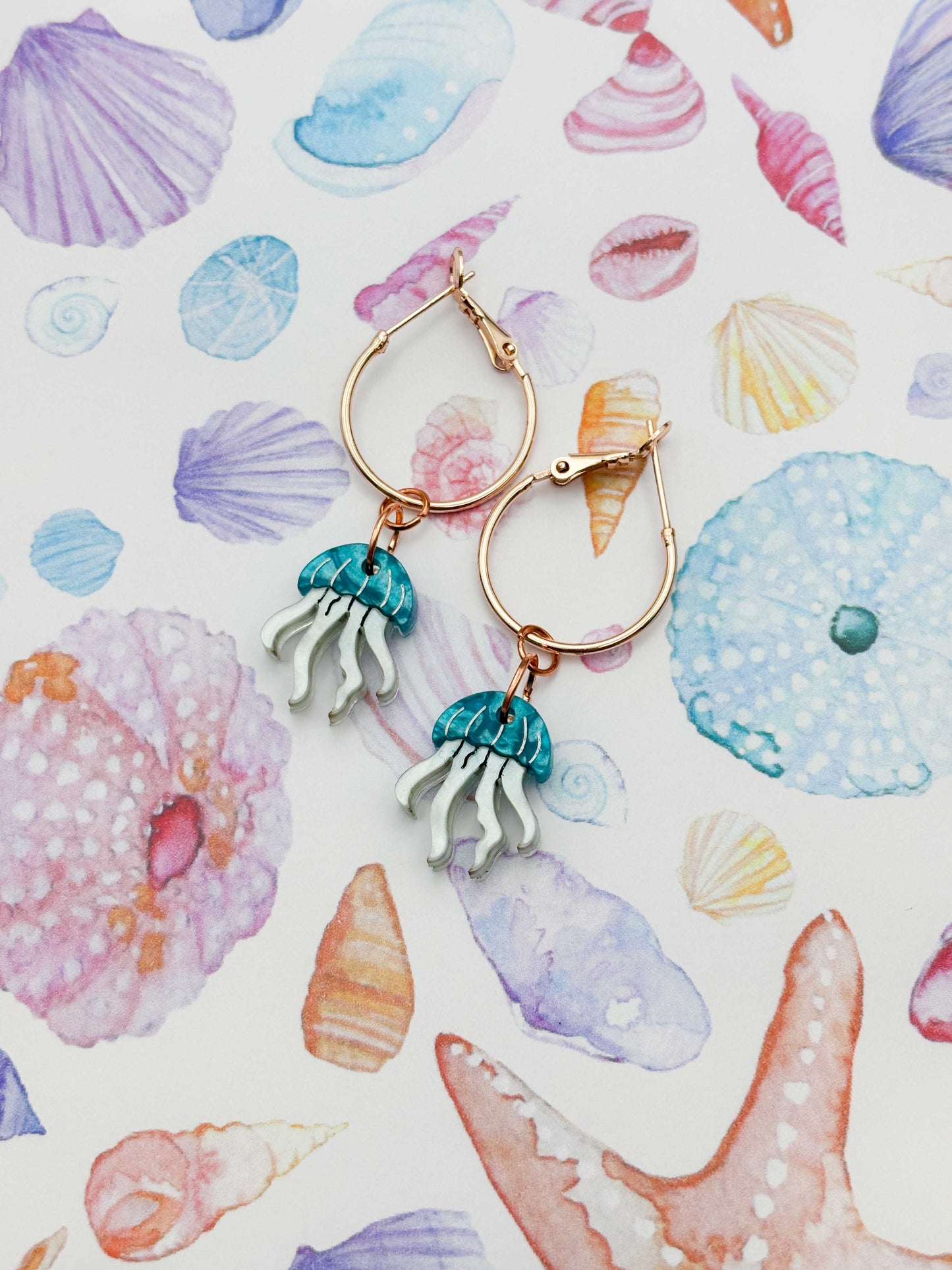 Small Cyan Marble Jellyfish Acrylic Dangle Earrings or Necklace – Hypoallergenic Stainless Steel