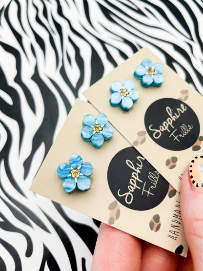 Small Sky Blue Glitter Marble Flower Stud Earrings – Forget Me Not – Hypoallergenic Stainless Steel