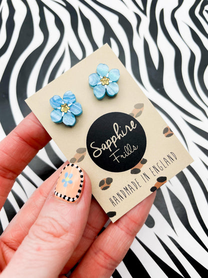 Small Sky Blue Glitter Marble Flower Stud Earrings – Forget Me Not – Hypoallergenic Stainless Steel