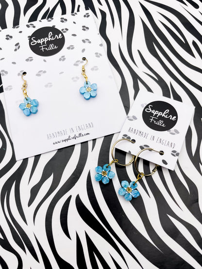 Small Sky Blue Glitter Marble ‘Forget Me Not’ Flower Dangle Earrings or Necklace – Hypoallergenic Stainless Steel