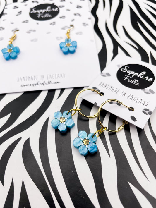 Small Sky Blue Glitter Marble ‘Forget Me Not’ Flower Dangle Earrings or Necklace – Hypoallergenic Stainless Steel