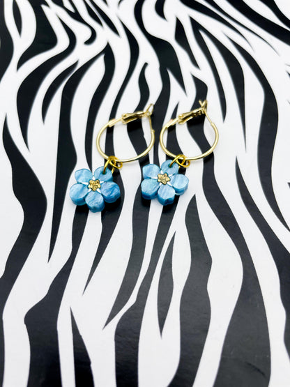 Small Sky Blue Glitter Marble ‘Forget Me Not’ Flower Dangle Earrings or Necklace – Hypoallergenic Stainless Steel