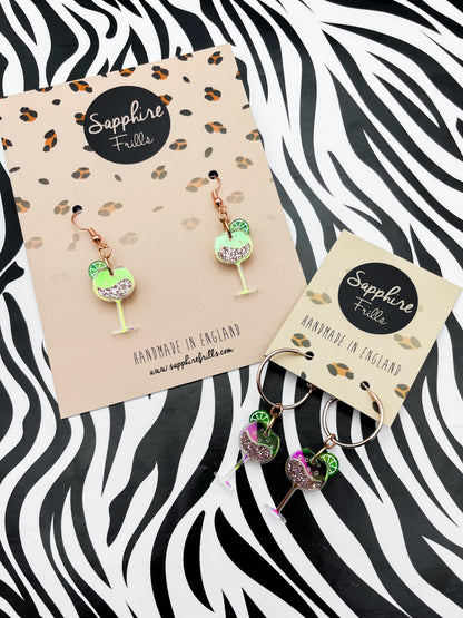 Medium Iridescent Rose Glitter Acrylic Lime and Gin Glass Dangle Earrings or Necklace – Hypoallergenic Stainless Steel
