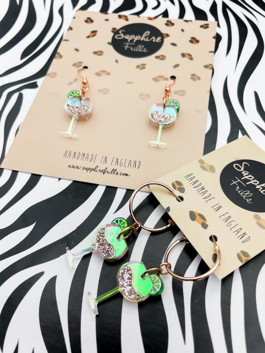 Medium Iridescent Rose Glitter Acrylic Lime and Gin Glass Dangle Earrings or Necklace – Hypoallergenic Stainless Steel