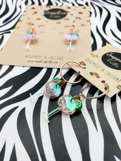 Medium Iridescent Rose Glitter Acrylic Lime and Gin Glass Dangle Earrings or Necklace – Hypoallergenic Stainless Steel