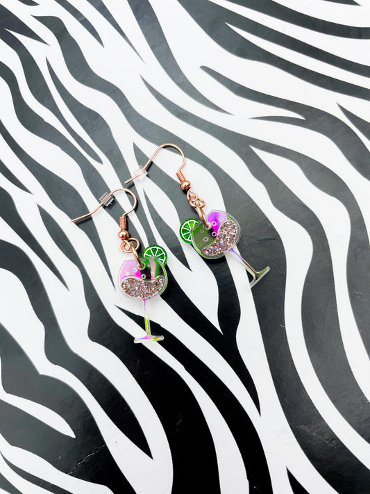Medium Iridescent Rose Glitter Acrylic Lime and Gin Glass Dangle Earrings or Necklace – Hypoallergenic Stainless Steel