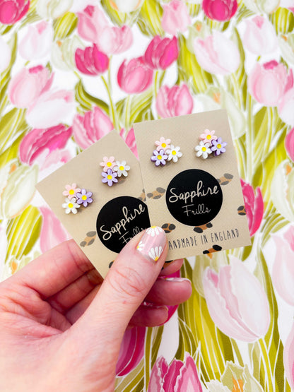Small Lilac, Pink & White Trio of Daisies Acrylic Stud Earrings – Hypoallergenic Stainless Steel