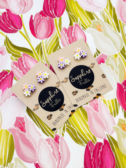 Small Lilac, Pink & White Trio of Daisies Acrylic Stud Earrings – Hypoallergenic Stainless Steel