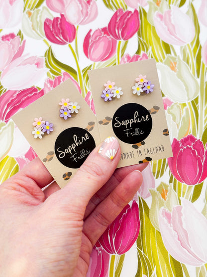 Small Lilac, Pink & White Trio of Daisies Acrylic Stud Earrings – Hypoallergenic Stainless Steel
