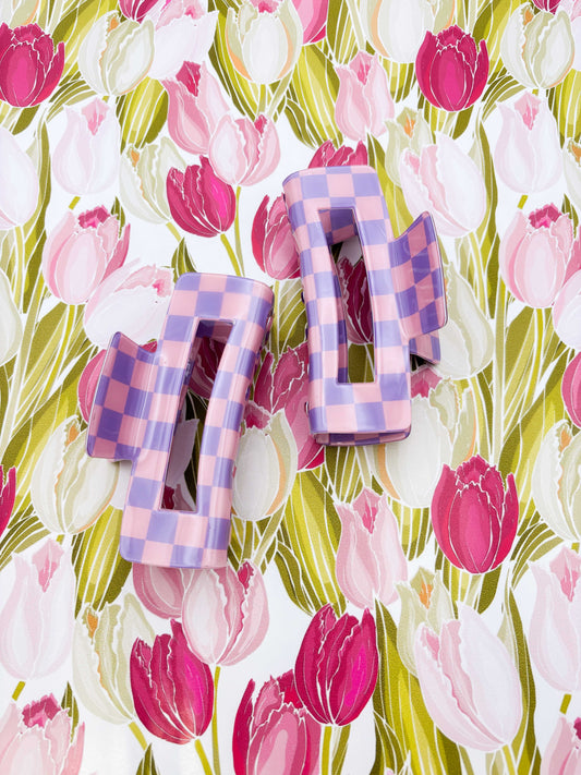 Large Purple and Pink Gingham Claw Clip