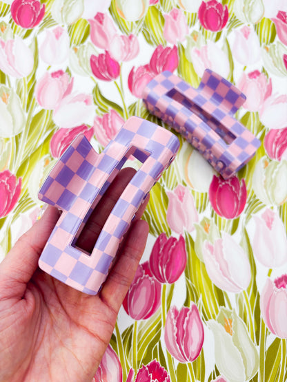 Large Purple and Pink Gingham Claw Clip