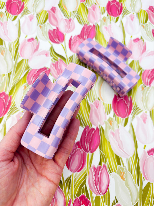 Large Purple and Pink Gingham Claw Clip