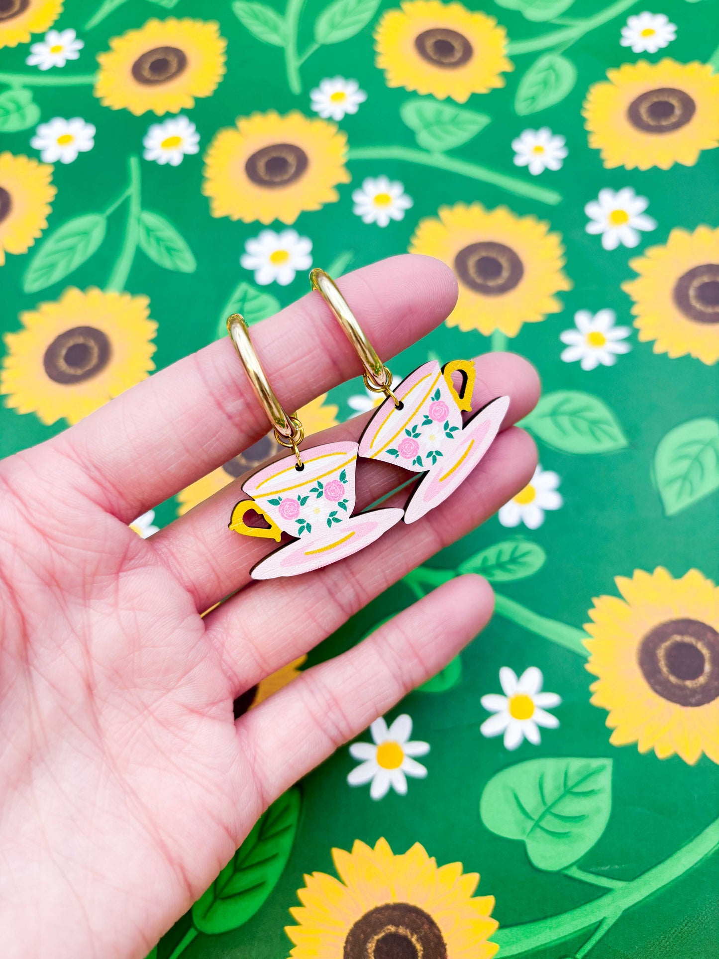 Large Vintage Pink Floral Tea Cup & Saucer Wood Dangle Earrings