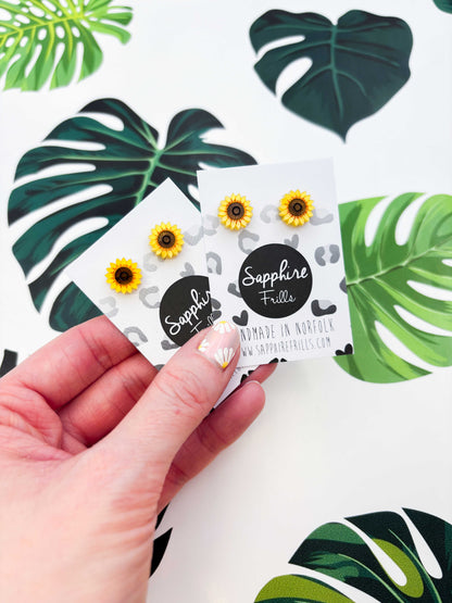 Mini Yellow Sunflower Acrylic Stud Earrings – Hypoallergenic Stainless Steel